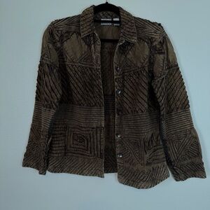 Chico's Jacket Brown Funky Embroidered Lux Art-Wear Ribbed Unlined Size 0 (Sm 4)